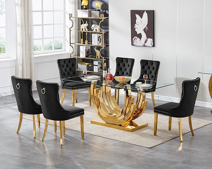 Henf 7-Piece Glass Dining Table Set with 6 Upholstered Dining Chairs, Large Gold Dining Table and Chair Set for 6, Modern Kitchen Table Furniture for Dining Room, Stainless Steel Base and Glass Top