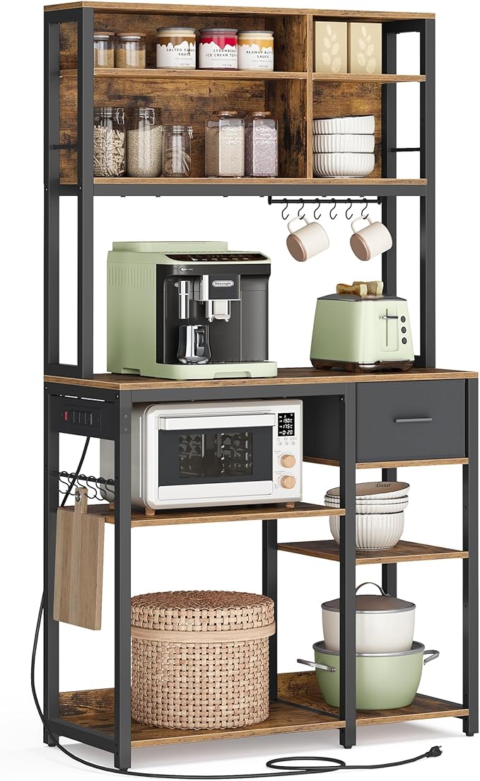 VASAGLE Bakers Rack with Charging Station, Coffee Bar, 15.7 x 31.5 x 71 Inches, Kitchen Microwave Stand, Adjustable Storage Shelves, Fabric Drawer, 12 Hooks, Rustic Brown and Ink Black UKKS015K01
