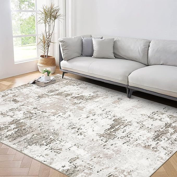 Area Rug 4x6 for Living Room Stain Resistant Carpet Modern Abstract Rugs Ultra Soft Indoor Floor Cover Accent Rug Low Pile Thin Machine Washable for Bedroom Dining Room, Taupe/Beige