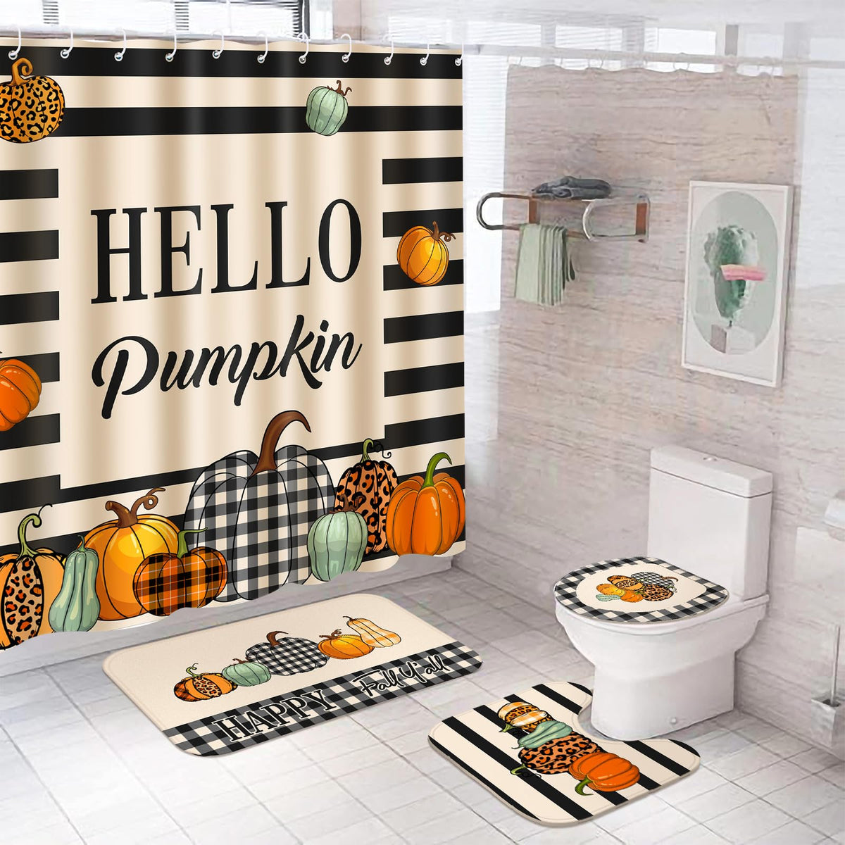 4 Pcs Fall Bathroom Decor Set Hello Pumpkin Shower Curtain 72" with 12 Hooks Non Slip Rug Toilet Lid Cover and Waterproof Pumpkin Bath Mat Thanksgiving Autumn Harvest Farmhouse Home Restroom Decor