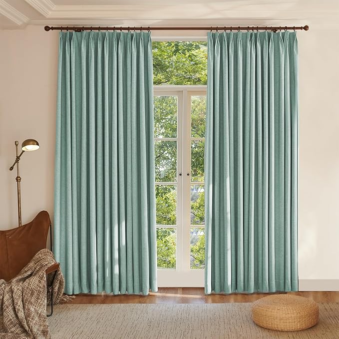 Textured Linen Double Pleats 100% Blackout Curtains for Bedroom/Living Room Blackout Curtains 108 Inches Long, Energy Saving Window Treatment Curtains,26Wx108Lx2,Green