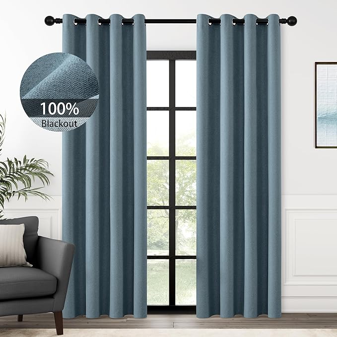 ChrisDowa 100% Blackout Blue Solid Curtains 96 Inches Long 2 Panels for Bedroom Living Room,Farmhouse Room Darkening Thermal Insulated Soundproof Grommet Top Window Treatment Drapes,52x96