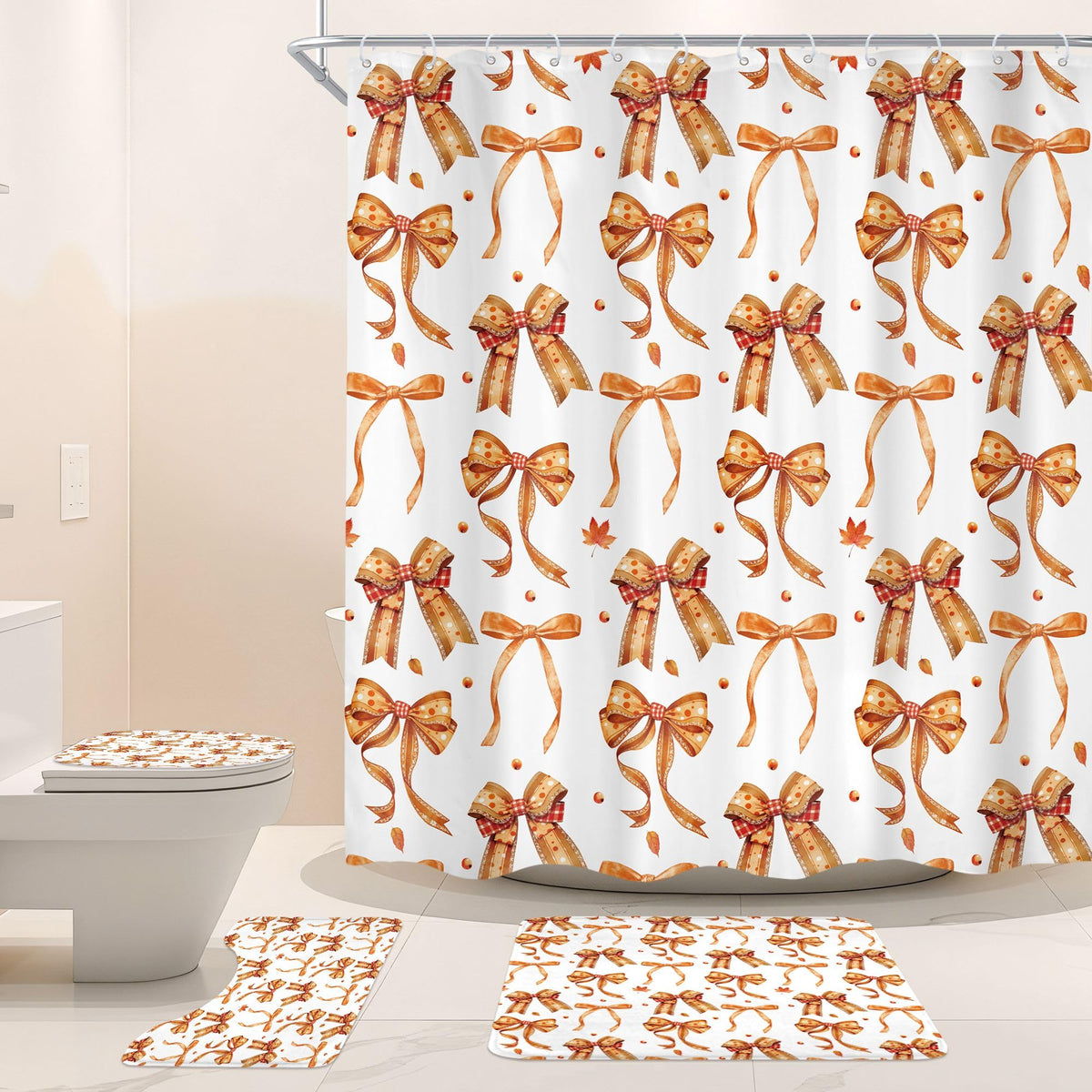 Fall Autumn Bow Burnt Orange 4Pcs Bathroom Shower Curtain Set with Rugs