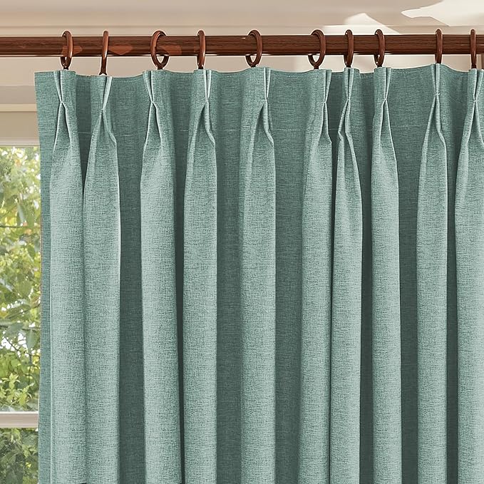 Textured Linen Pencil Pleats 100% Blackout Curtains for Bedroom/Living Room Blackout Curtains 63 Inches Long, Energy Saving Window Treatment Curtains,72Wx63Lx2,Green