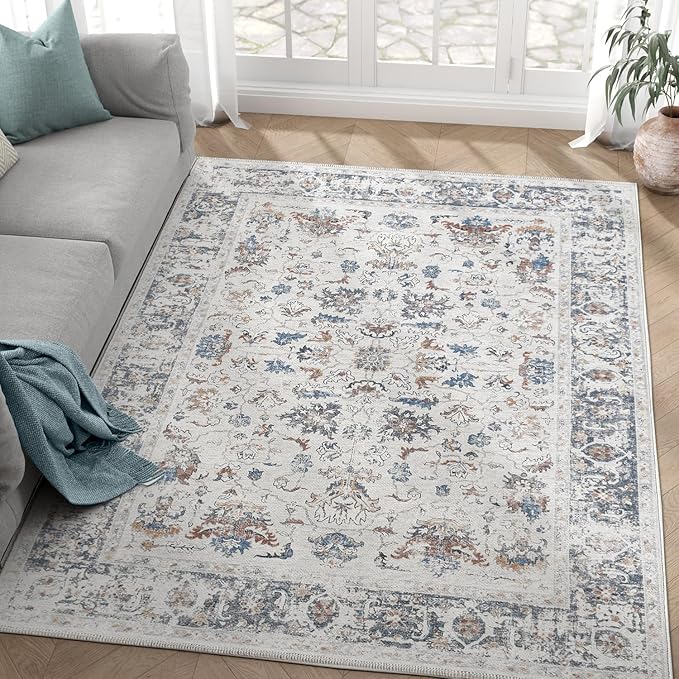 jinchan Area Rug 4x6 Bedroom Rug - Washable Vintage Boho Floral Print Lightweight Low Pile Thin Non-Slip Floor Cover Retro Distressed Carpet for Living Room Dining Room Kitchen Office Grey Multi