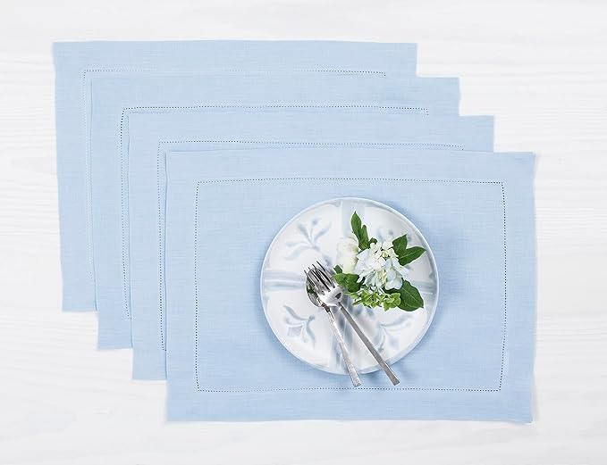 Solino Home Linen Placemats Set of 4 - Classic Hemstitch Sky Blue Placemats 14 x 19 Inch - 100% Pure Linen Table Mats for Christmas, Holiday, New Year