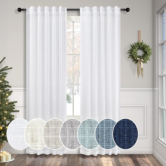 White Extra Long Curtains 9 FT for Living Room 2 Panel Sets Rod Pocket Back Tab Semi Sheer Light Weight Lace Cotton Textured White Linen Curtain for Bedroom Sunroom Picture Window 38 x 108 Inch Length