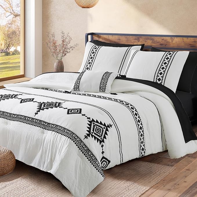 MaiRêve Embroidery Comforter Set, Boho Farmhouse Western Bedding Set, All Season Bed in A Bag Comforter Set with Sheets, Pillowcases & Shams, White Full 7 Pieces