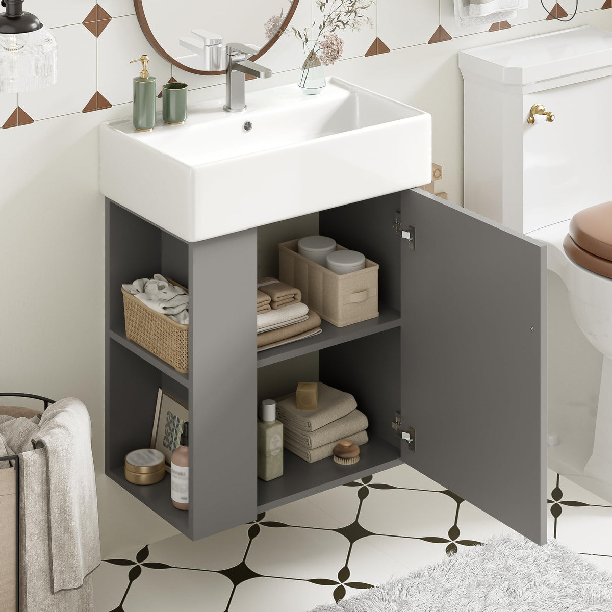 Merax 20" Bathroom Vanity, Wall Mounted Floating Vanity with Doors & Open Shelf, Bathroom Storage Cabinet with White Ceramic Integrated Sink,Grey