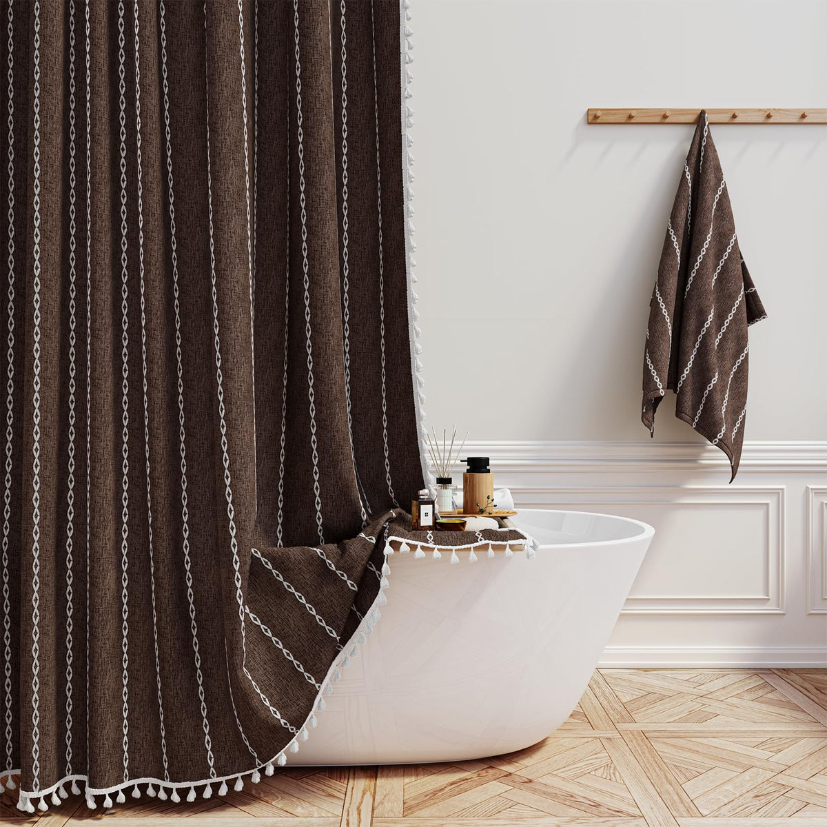 BTTN 72x84 Long Boho Farmhouse Linen Heavy Duty Shower Curtain Set, Brown