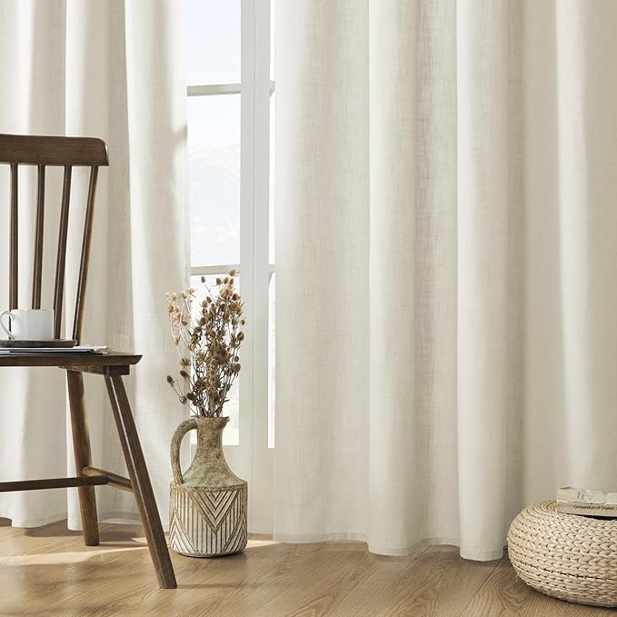 Joydeco Linen Curtains for Living Room,Light Filtering Rod Pocket Back Tab Semi Sheer Drapes Window Long Curtains 63 inches Long Ivory