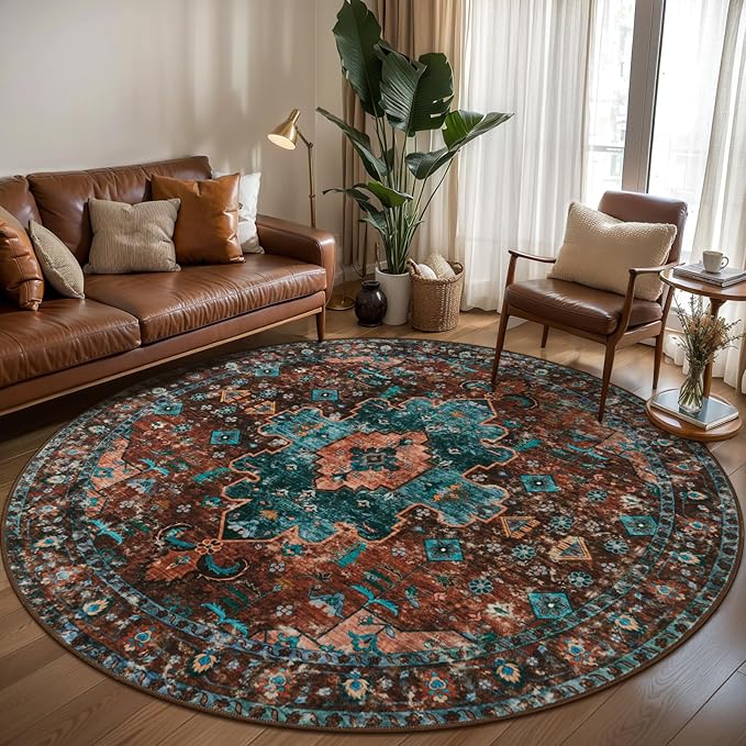 Ciicool Boho Area Rug Washable 6x6ft Round Bedroom Rug Non-Slip Oriental Throw Rug Low-Pile Floor Carpet for Dining Room Living Room(Brick Red/Dull Teal)