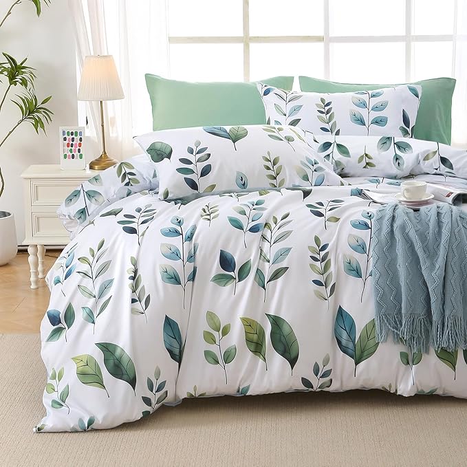 MUXHOMO Grey Green Foliage Bed in a Bag King 7 Pieces, King Comforter Set Reversible Botanical Flowers Design, Ultra Soft & Breathable Bedding Sets with Comforter, Sheets, Pillowcases & Shams