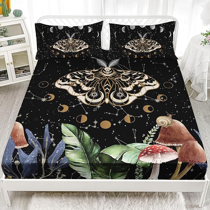 AILONEN Sun and Moon Fitted Sheet Twin XL Size, Boho Hippie Style Bedding Sheet,Death Moth Sheet Set for Boys Girls,1 Fitted Sheet and 2 Pillowcases,3 PCS,Perfect for Adult Rooms