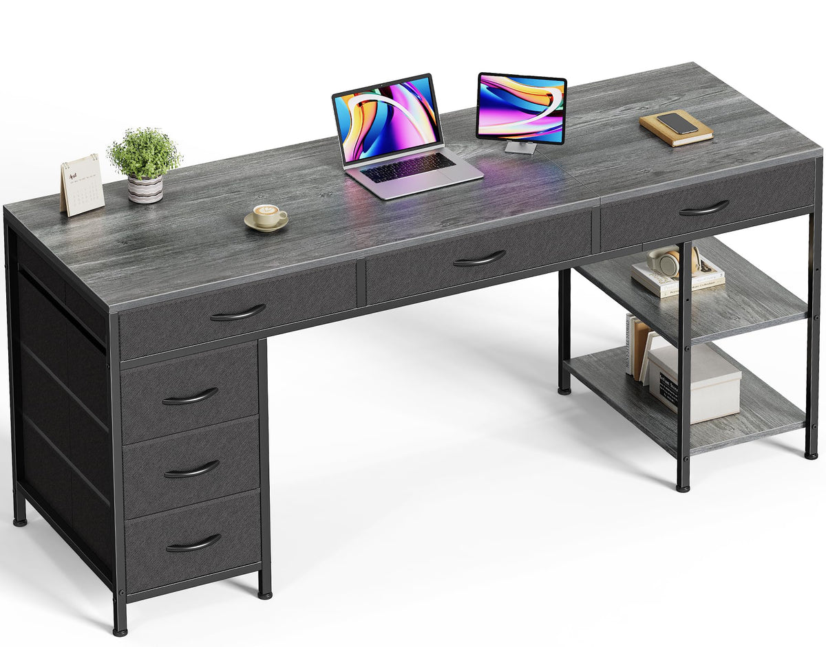 Huuger Computer Desk with 6 Drawers, Office Desk with Shelves, Reversible Gaming Desk, Corner Desk with Storage, Work for Home Office, Study, Living Room, 63inch, Grey