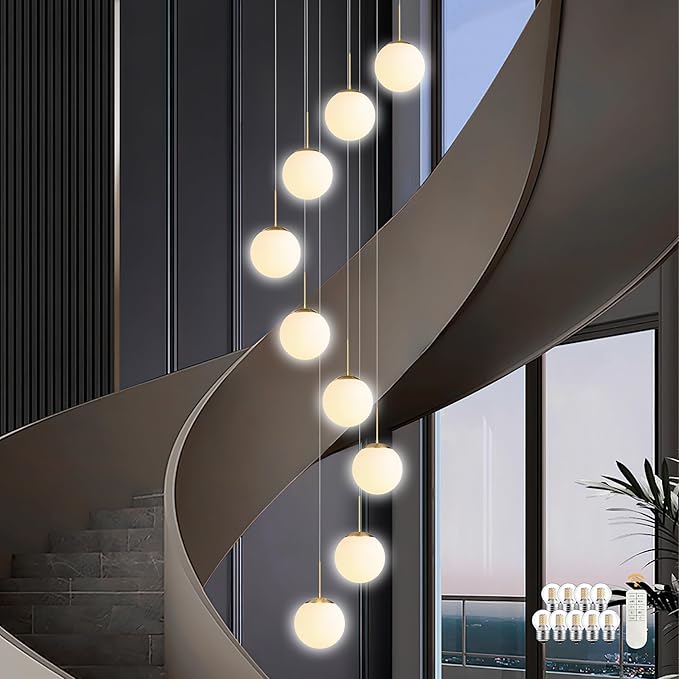 KoKo&Yukina 9-Light Globe Milky White Glass Pendant Light Adjustable Length Pendant Lights Modern Glass Globe Pendant Lights Gold Chandeliers Large Chandeliers for High Ceilings (Bulb & Remote Incl)