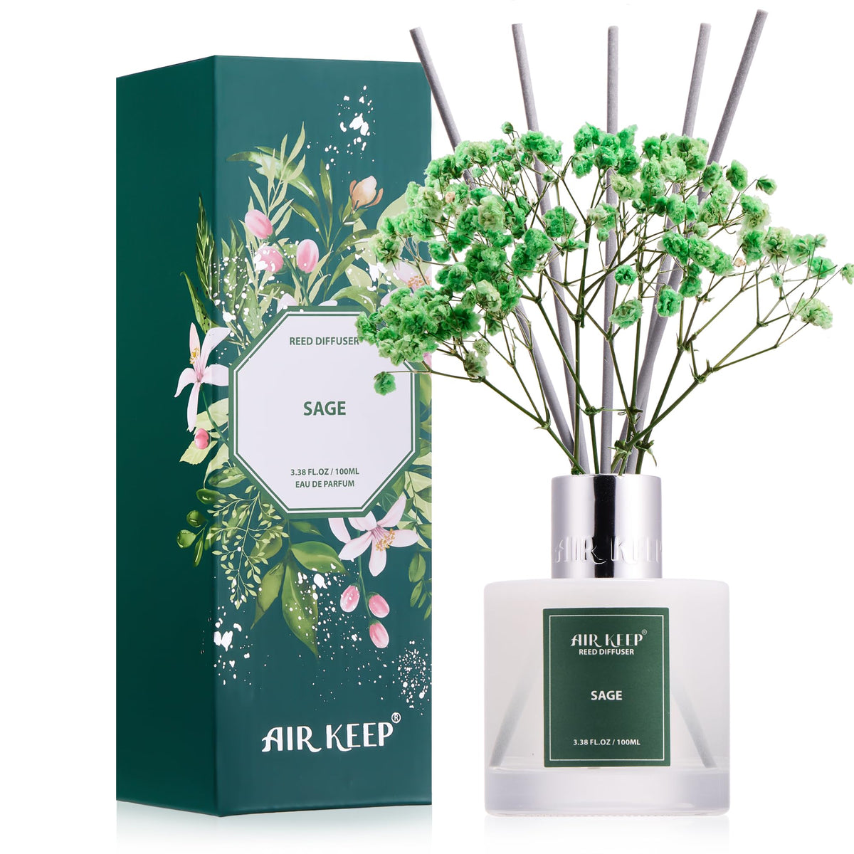 Airkeep Reed Diffuser Set, 3.38 fl oz (100 ml) - Sage Lemon Oil Diffusers with 8 Reed Sticks, Home Fragrance Reed Diffuser for Bathroom Shelf Decor