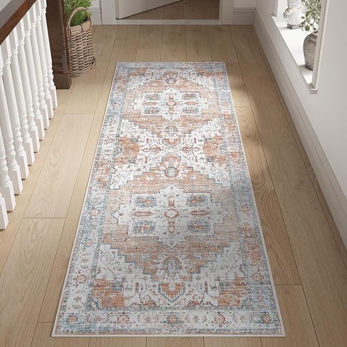 jinchan Tribal Runner Rug 2x5 - Kitchen Machine Washable Vintage Floral Non-Slip with Rubber Backing Ultra-Thin Low-Pile Carpet Runner for Hallway Entryway Bedroom Laundry Room (2x5ft, Orange)