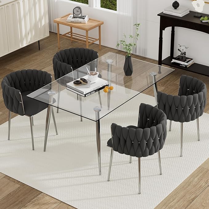 5 Piece Modern Glass Dining Room Set, 51'' Luxury Minimalist Dinner Room Set for 4, 4 Person Clear Glass Rectangle Kitchen Table with Black Woven Chair, for Living Room Small Place (Silver)