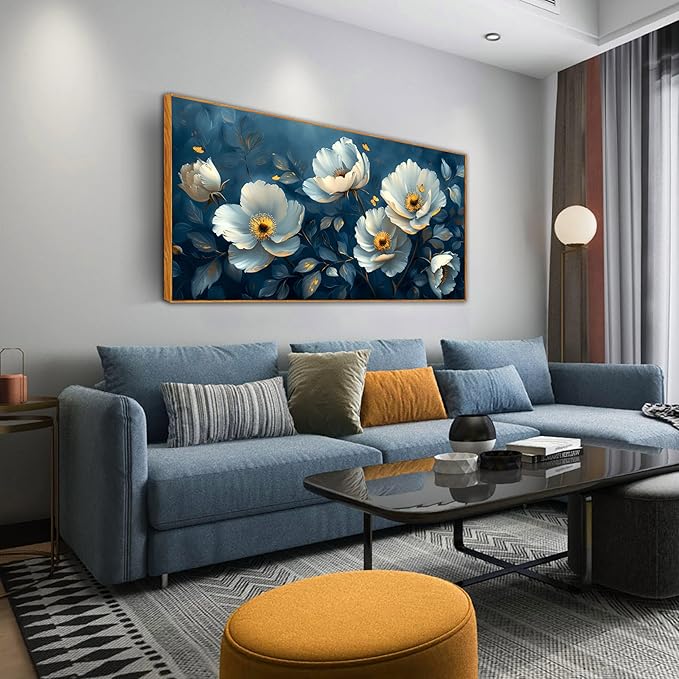 Ouzzlie White Floral Canvas Wall Art for Bedroom Large Blue Wall Decor Plant Picture Artwork 24" x 48"