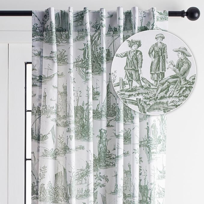 Maison d' Hermine Curtains for Living Room 100% Cotton 124 inch Length One Panel Light Filtering Toile Curtains with Rod and Loop Pockets (Calais Antique Green (White Background), 50" W x 124" L)