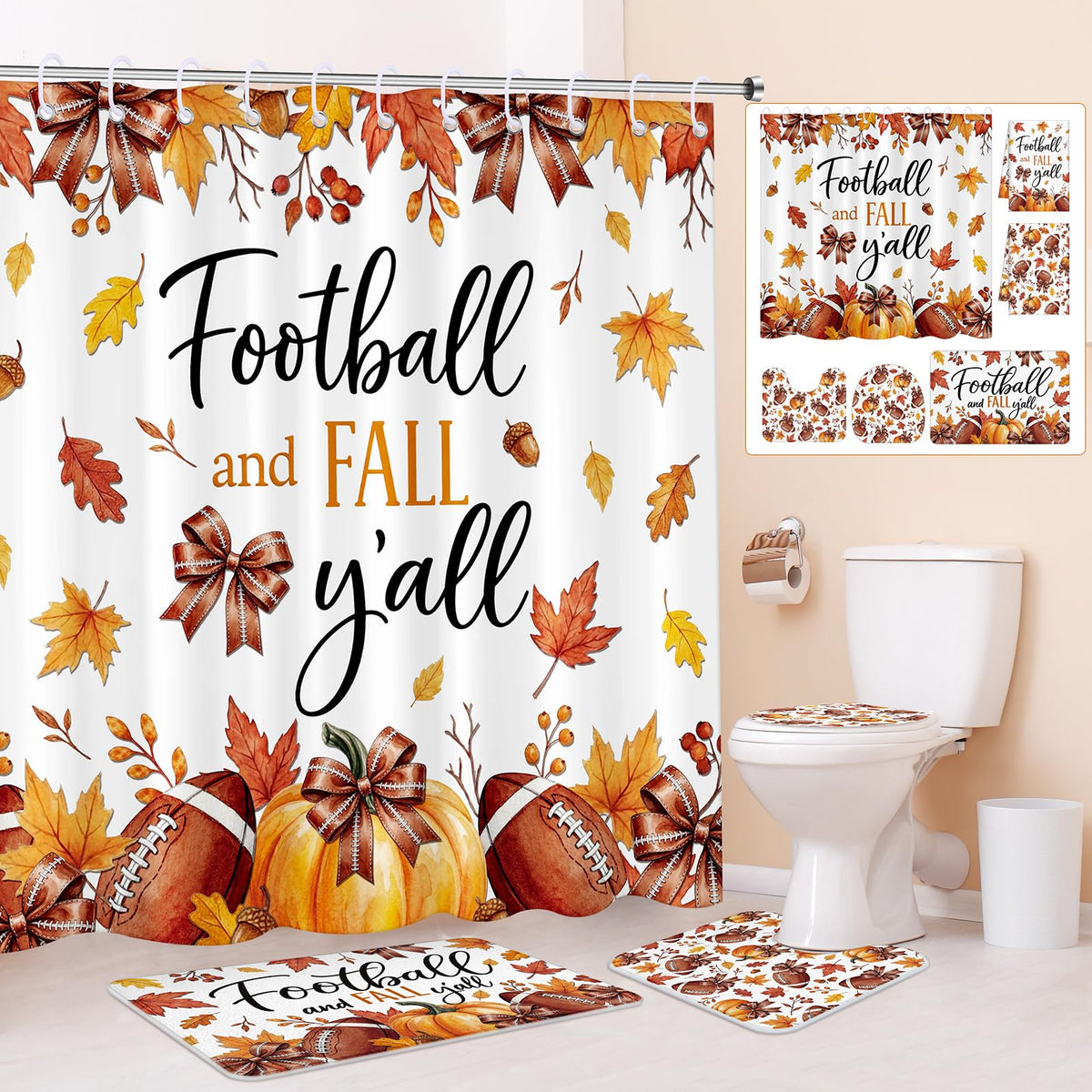 HunnmingRe 6 Pcs Fall Football Bathroom Decor, Pumpkin Shower Curtain Sets