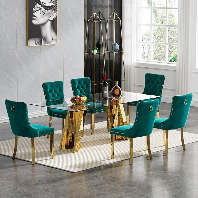 7 Piece Dining Table Set with 6 Green Dining Chairs, Modern Glass Kitchen Table and Chairs Set for 6, 70" Rectangle Gold Glass Pedestal Dining Room Tables with Flash-Shape Stainless Steel Base