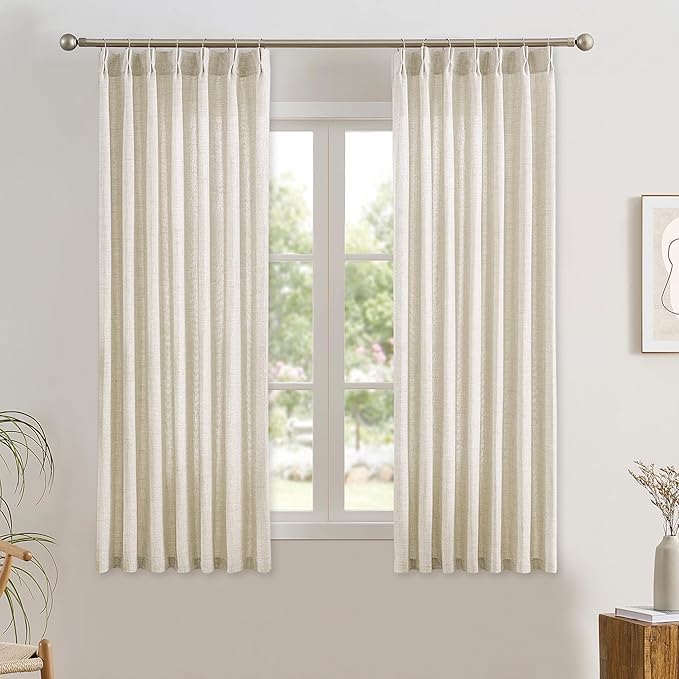 RAIN CITY Natural Pinch Pleated Curtains 45 Inches Long 2 Panels Set, Natural Linen Blend Slub Yarn Sheer Window Drape for Small Windows Bedroom 42 by 45 Inch