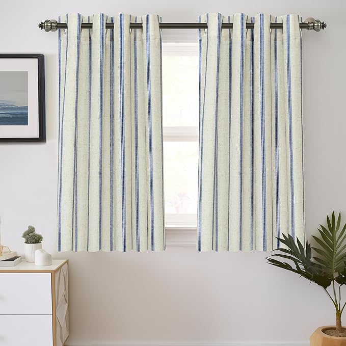 DriftAway Farmhouse Linen Blend Blackout Curtains 45 Inches Long for Bedroom Vertical Striped Printed Grommet Curtains Thermal Insulated Lined Treatments for Living Room 2 Panels W52 x L45 Navy
