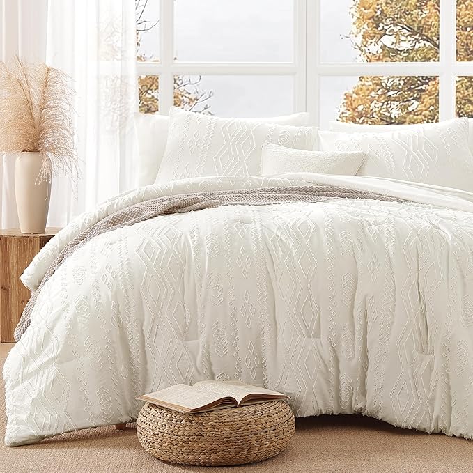 Queen Comforter Set White, Tufted Boho Bedding Farmhouse Bed Set, All Season 7 Pieces Bed in a Bag with Sheets, Pillowcases & Shams