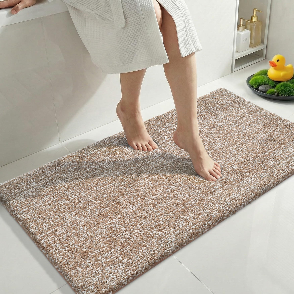Yimobra Cushioned Anti-Fatigue Long Bathroom Runner Rug, Non Slip Washable Bath Mat, Dense Soft for Double Sink Vanity, Tired Feet Comfort, Absorbent, 44" X 24" (3.7' × 2.0'), Brown and White
