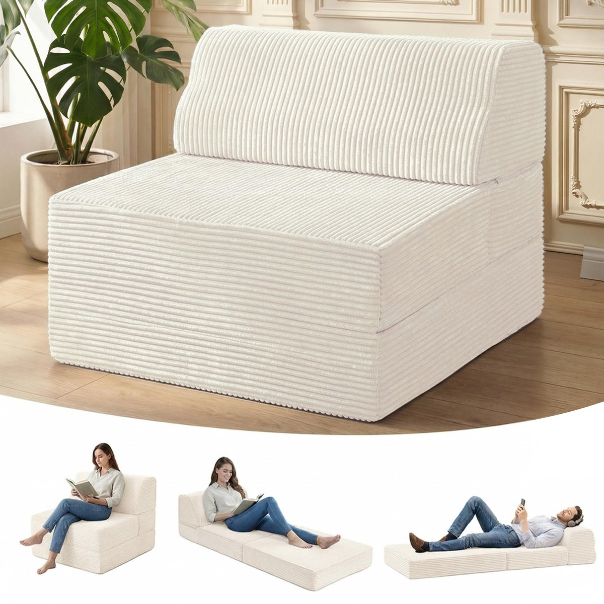 Kasunpul Folding Sofa Bed with Pillow, Memory Foam Fold Out Chair Bed, Convertible Sleeper Chair with Washable Cover, Futon Floor Couch for Living Room/Dorm/Guest Use/Home Office/Apartment, Beige