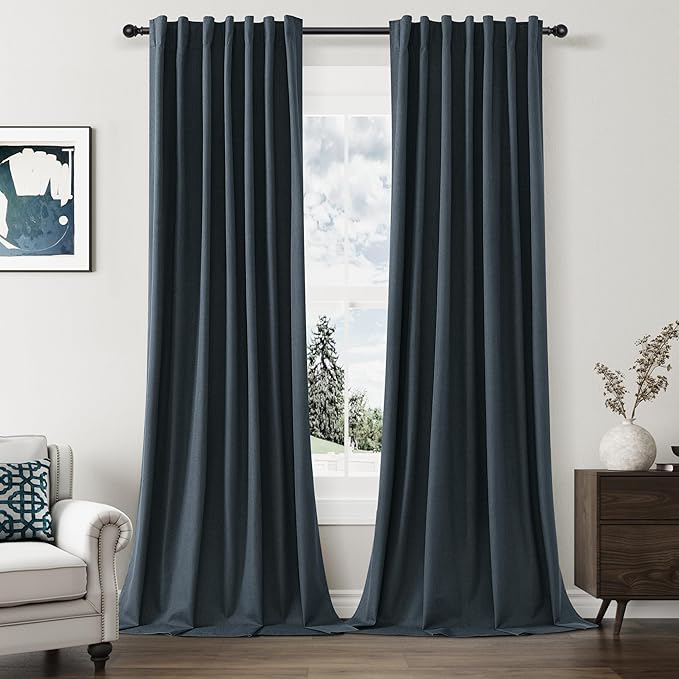 Guken 100% Blackout Linen Curtains 90 Inch Length 2 Panels Set for Living Room Bedroom Back Tab Thermal Insulated Black Out Linen Drapes Room Darkening Window Curtains,Vintage Blue