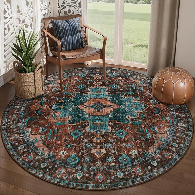 Ciicool Boho 5x5ft Round Area Rug Washable Bedroom Rug Non-Slip Oriental Entryway Throw Rug Low-Pile Indoor Carpet for Dining Room(Brick Red/Dull Teal)