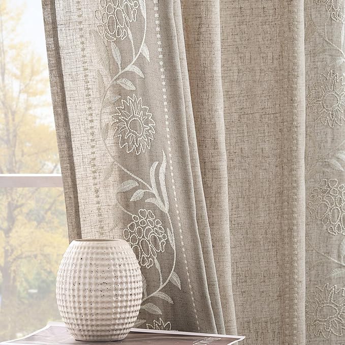jinchan Winslow Linen Curtains for Bedroom 96 Inches Length Embroidered Bordered Floral Curtains for Living Room Farmhouse Decor Light Filtering Window Treatments Ivory on Taupe Drapes 2 Panels