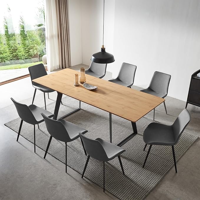 ZckyCine 63"-79" Expandable Dining Table Set for 8, Wood Table & 8 Grey Chairs, Extendable Kitchen Dining Table Set for Kitchen & Dining Room, Modern Oak & Grey