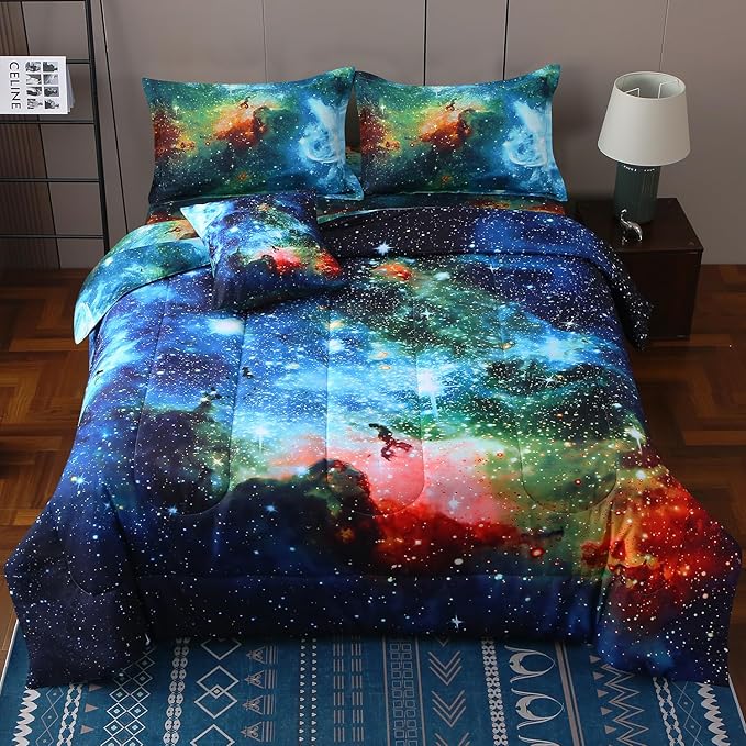 JQinHome Full Galaxy Comforter Sets 6 Piece Bed in A Bag, Outer Space Themed Bedding for Children Boy Girl Teen Kids,1 Comforter, 1 Flat Sheet, 1 Fitted Sheet, 2 Pillowshams, 1 Cushion Cover(Blue)