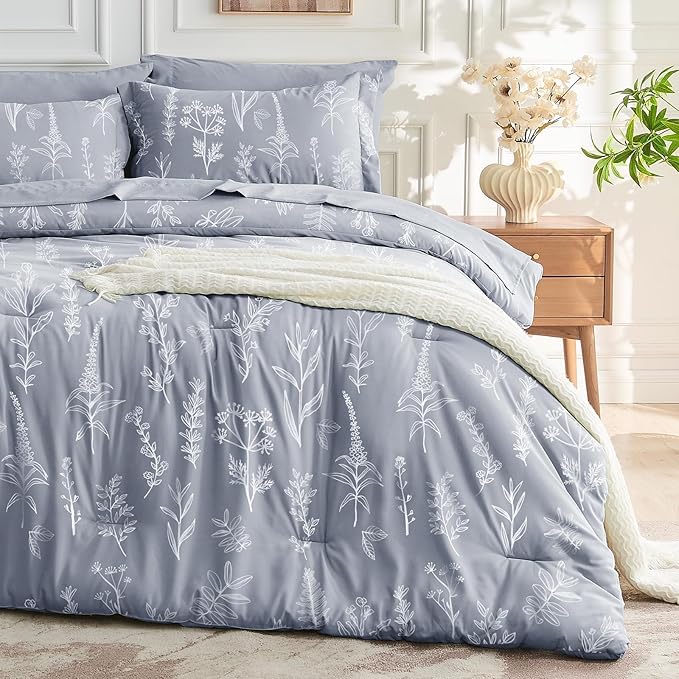 MUXHOMO Light Grey King Comforter Set, Elegant Floral Print Bed in a Bag 7 Pieces, Ultra Soft & Breathable Reversible Botanical Pattern Bedding Set with Comforter, Sheets, Pillowcases, and Shams