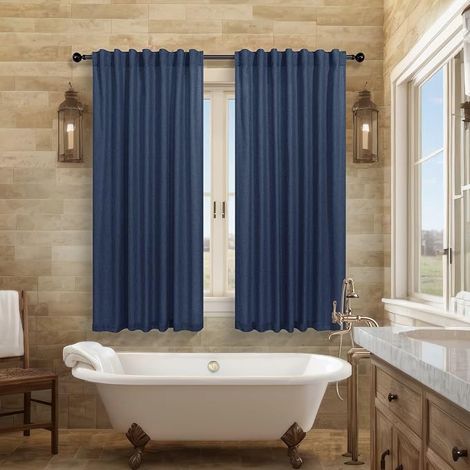 Navy Blue Curtains 45 Inch Length for Dining Room 2 Panels Back Tab Pocket Linen Blend Lightweight Semi Sheer Short Cafe Tier Dark Blue Curtains for Kitchen Farmhouse Bathroom Small Windows 52x45 Long