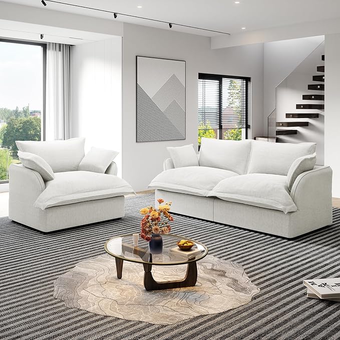 Cloud Modular Sectional Sofa Couch, Loveseat with Armchair Convertible Sectional Couch, Down Feather Fill Sofa, Completely Removable Cover, Corner Sofa for Living Room, Office,Cream White