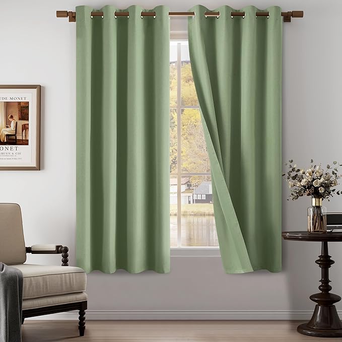 Green 100% Blackout Linen Textured Curtains for Living Room, Bedroom, Light Weight Curtains with Grommets Top, Full Blackout Curtains Privacy Protection, Green, 52" W x 72" L, 2 Panels