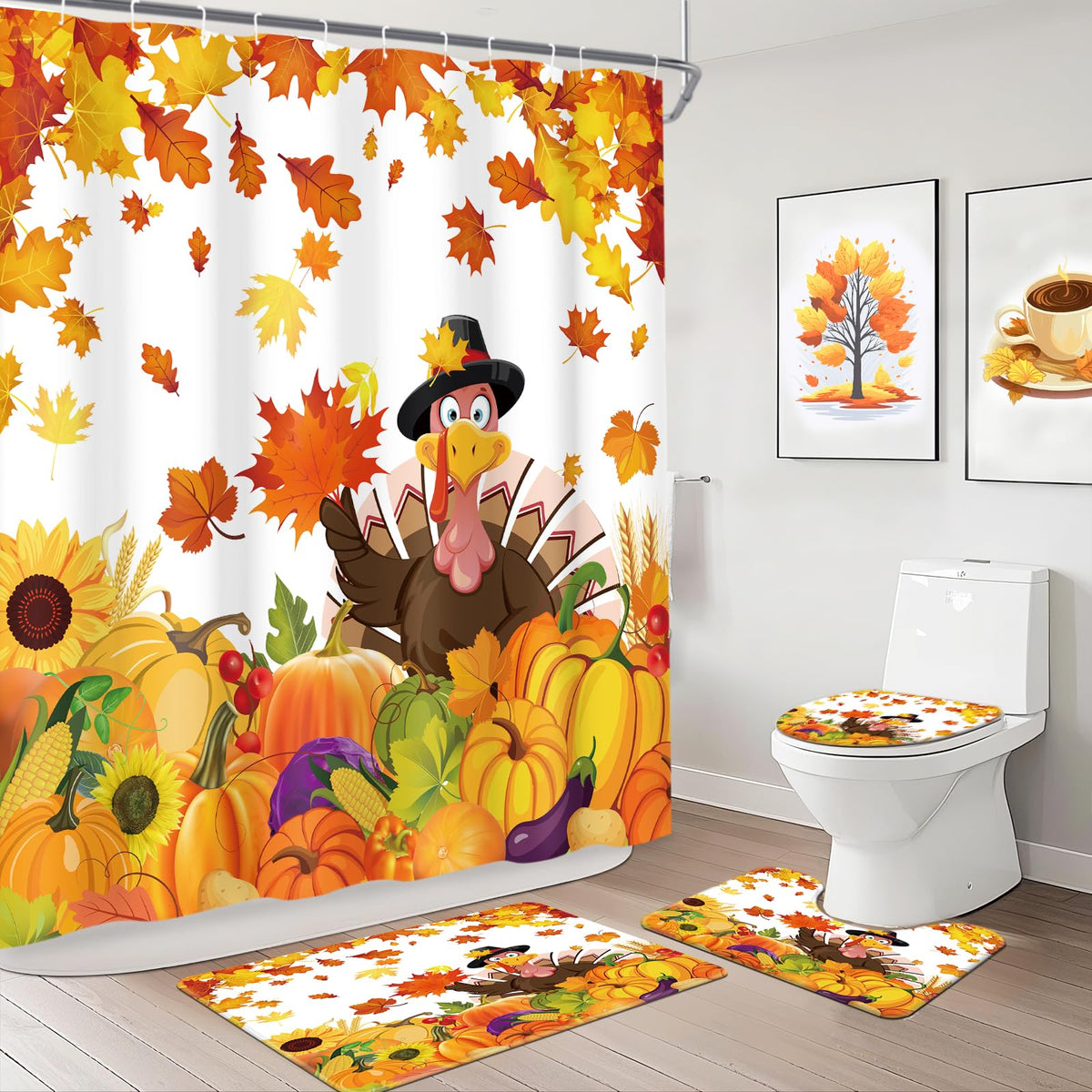 MEHOFOND Thanksgiving Shower Curtain Sets Fall Pumpkin Turkey Maple Leaf Bathroom Curtain Decor Sets with Rugs Thanksgiving Bathroom Set with Non-Slip Rugs,Toilet Lid Cover, Bath Mat and 12 Hooks