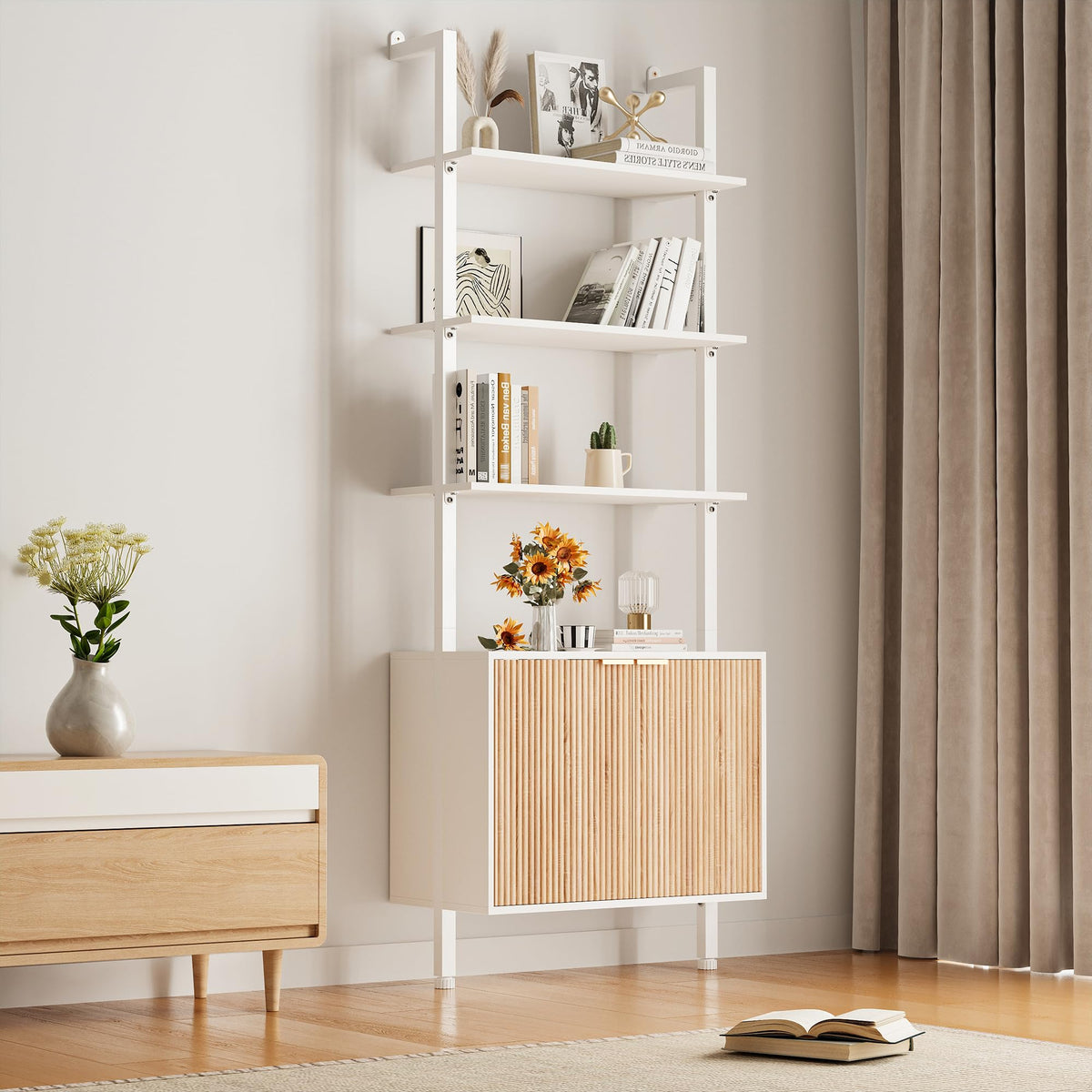INNOD 74" Tall Bookshelf with Storage Cabinet, Modern Ladder Shelf with Wood and Metal Frame, Wall Mount Bookcase Open Display Shelf Furniture for Living Room, Bedroom, Home Office, White and Oak
