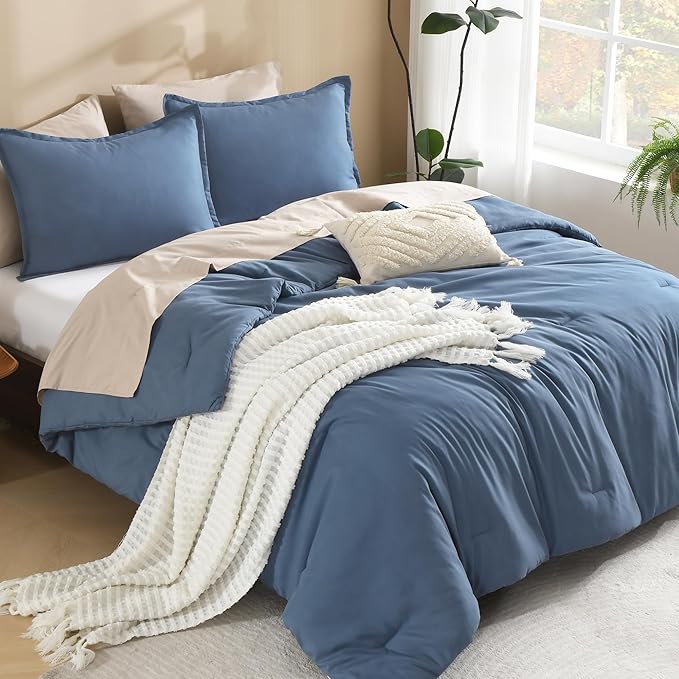 Litanika Haze Blue Comforters Oversized Queen Size, 3 Pieces Lightweight Solid Bedding Comforter Set, All Season Fluffy Bed Set (98x98In Comforter & 2 Pillowcases)