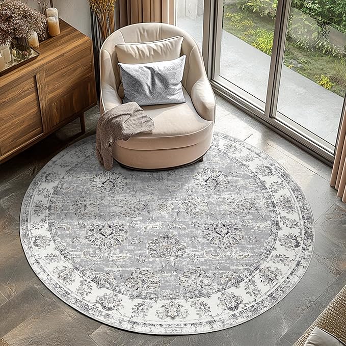 jinchan Fiora Round Rug 6ft Area Rugs Vintage Floral Distressed Design - Machine Washable Non-Slip Low-Pile Ultra-Thin Circle Rug for Entryway Bedside Living Room Dining Room Bedroom (6' Round, Grey)