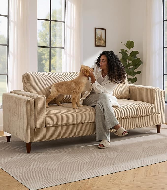Tbfit 85" Corduroy Couch for Living Room, 3 Seater Mid Century Modern Sofa with Spring Cusions & Extra Deep Seat for Bedroom, Small Comfy Upholstered Couches Easy Assembly with Solid Wood Legs, Beige