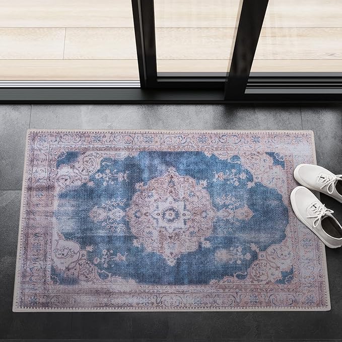 GLN Rugs Traditional Collection - Machine Washable Area Rug, Traditional Washable, Non Slip, Low Pile Chenille Rug, Living Room, Bedroom, Kitchen Rug (2'x3' Cream/Navy)
