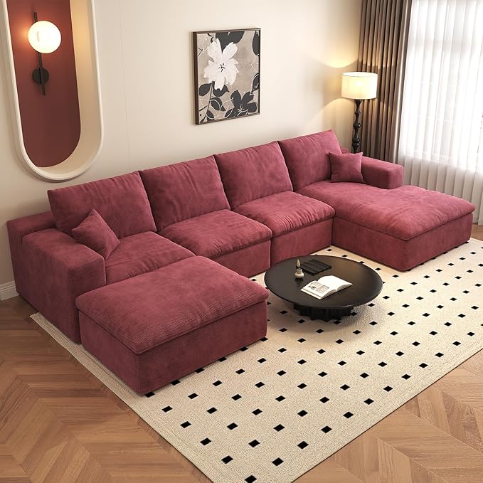 136.6'' U-Shaped Modern Modular Sectional Cloud Couch Whit Ottoman, 4-Seat Chenille Deep-Seat Sofa with Pillow for Living Room, Bedroom, Apartment, Wine Red