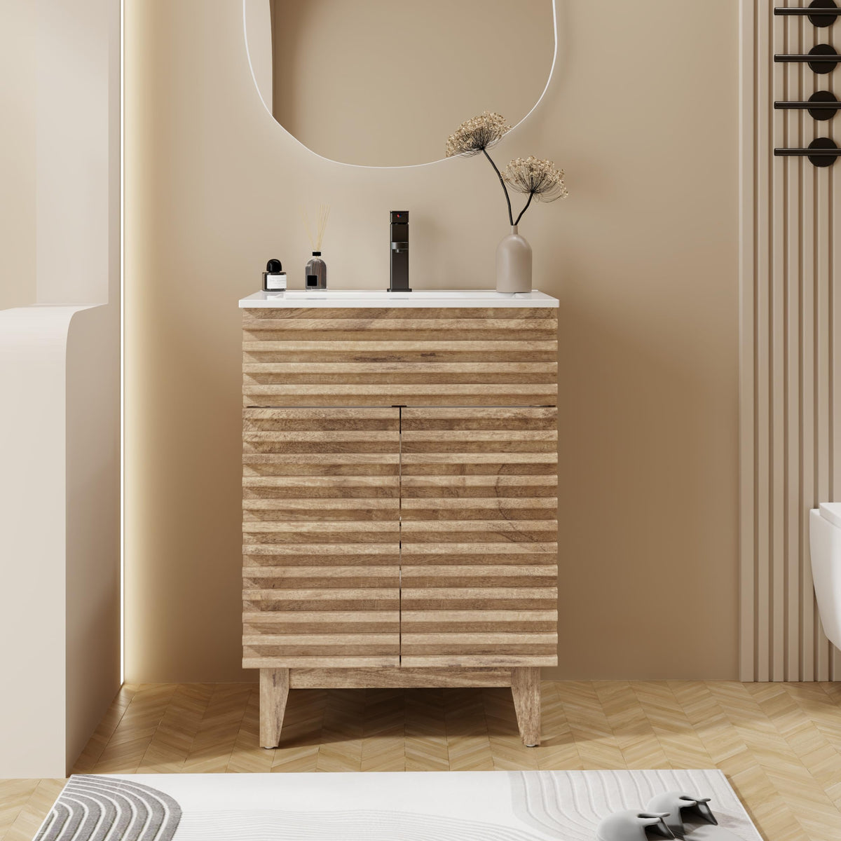 eclife 24" Bathroom Vanity with Sink Combo, Mid-Century Freestanding Cabinet with Wood Stripes Decor, Adjustable Shelf, Undermount White Single Sink Faucet Drain, Light Walnut