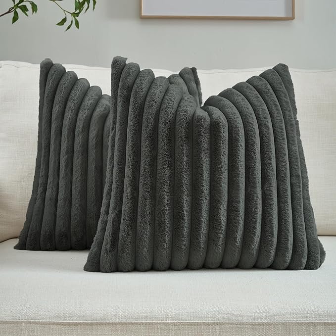 FUTEI Dark Grey Throw Pillow Covers Set of 2, 20x20 Inch Striped Texture Cushion Cases with Soft Faux Rabbit Fur Front & Velvet Back, Modern Decorative Couch Pillows for Living Room